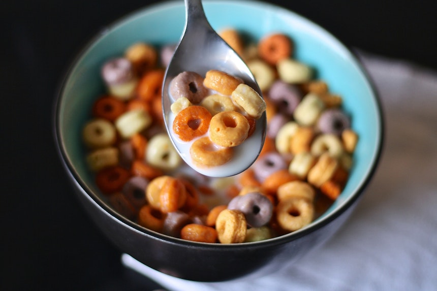 Bowl of colourful cereal.
